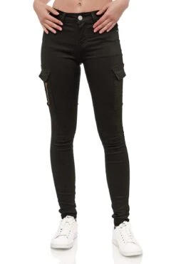 Denim Cargo Jeans Hose Stretch Treggings Röhrenjeans In Schwarz -Mode Damen miss rj denim cargo jeans hose stretch treggings rohrenjeans in schwarz 2