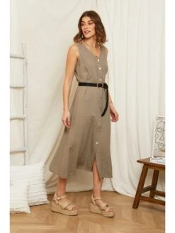 Leinen-Kleid In Taupe -Mode Damen rodier lin leinen kleid in taupe 1