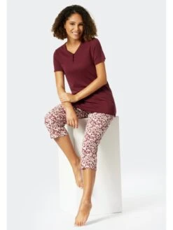Schiesser Pyjama In Pflaume/ Weiß -Mode Damen schiesser pyjama in pflaume weiss 1